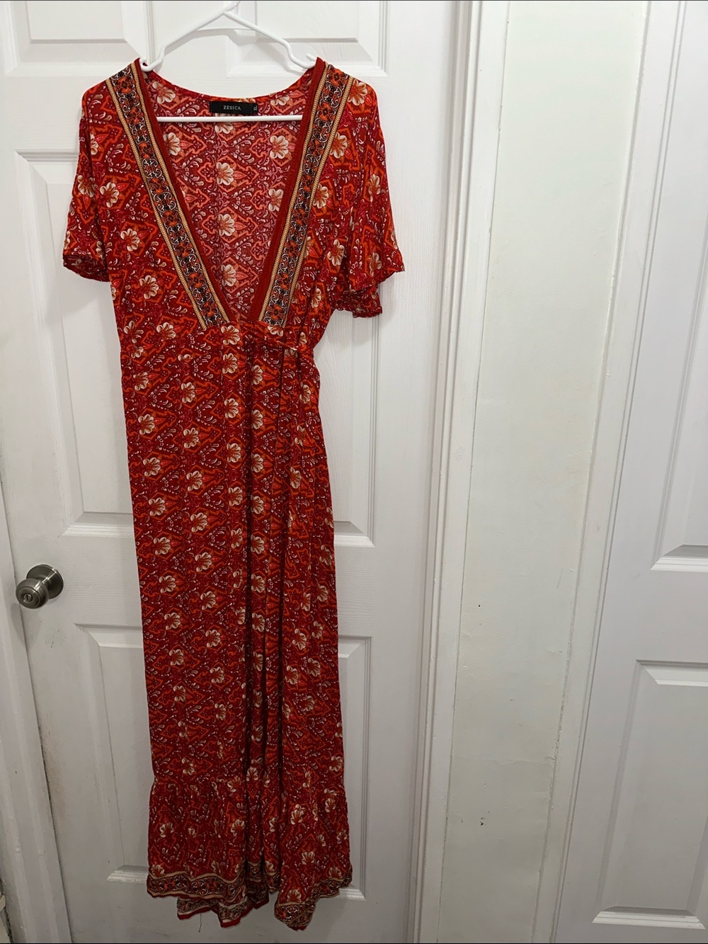 Zesica Wrap Red Printed Maxi Dress with V-Neck and Short Sleeves